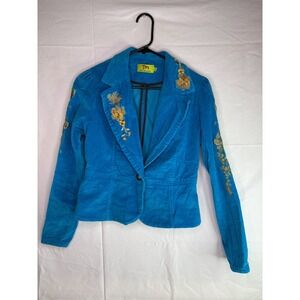 True Meaning Blue Corduroy Embroidered Floral Blazer Jacket Womens Medium